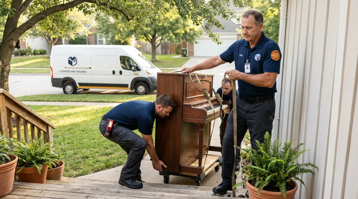 Licensed piano movers securing grand piano in Monson, MA