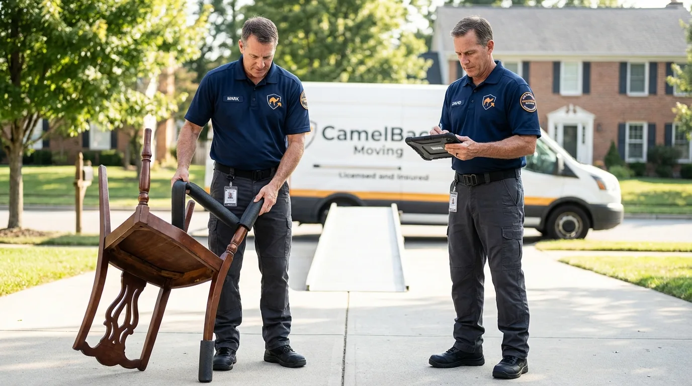 Movers inspecting furniture for damage prevention before loading in Monson, MA