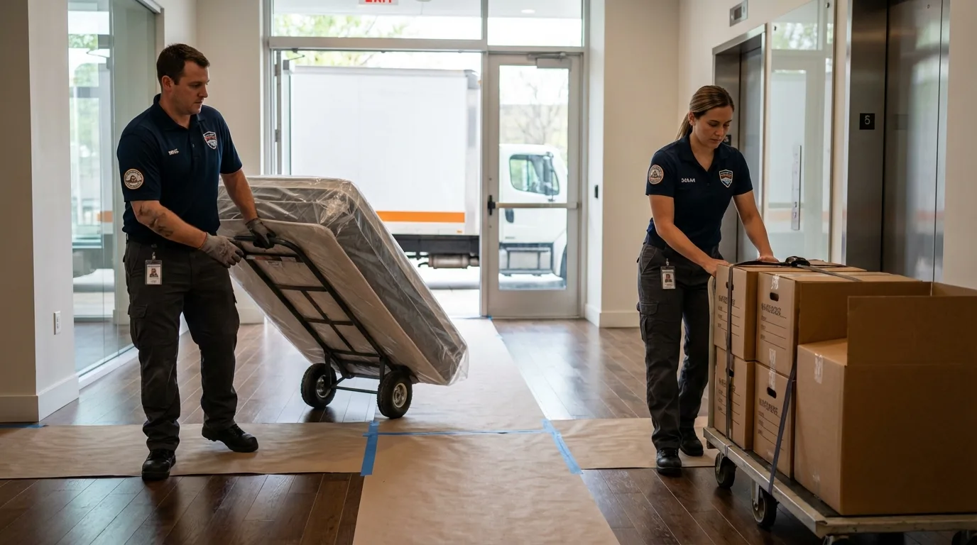 Professional apartment movers loading elevator in Monson, MA