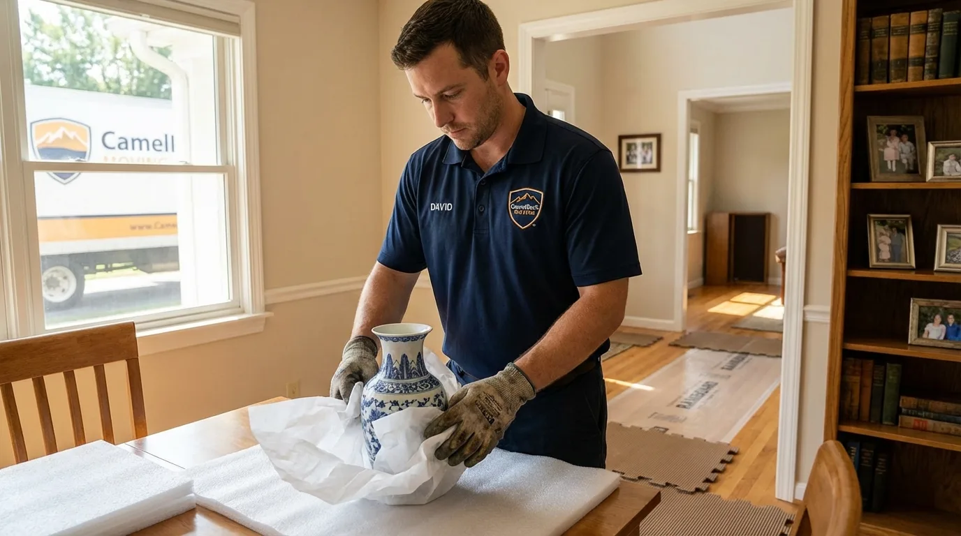 Professional crew carefully wrapping antique vase for senior downsizing move in Monson, MA
