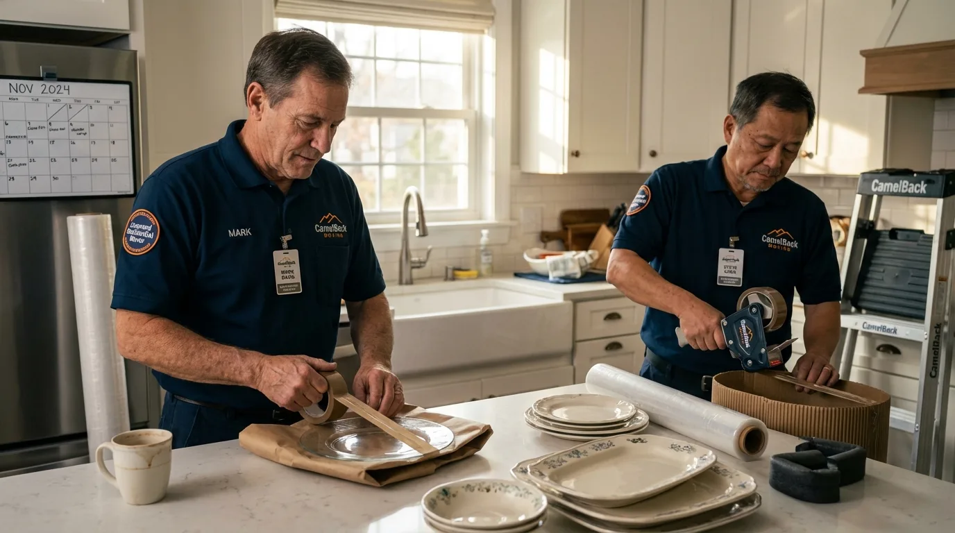 Professional crew packing kitchen dishware in Monson, MA